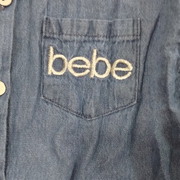 BEBE Blouse Girls M(10/12) Blue Pockets Roll-Tab Sleeve Button-up Asymmetrical - Picture 4 of 8